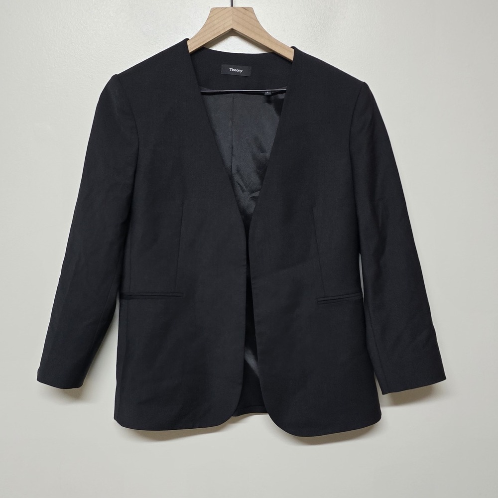 Theory Women's Black Lindrayia Open-Front‎ 3/4 Sleeve Wool Blazer Size 8